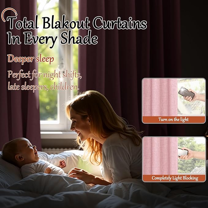 Baby Pink Linen Blackout Curtains for Nursery 84 Inch Length 2 Panels Set, Thermal Insulated Boho Total Black Out Noise Reducing Bonzer Grommets Window Curtains for Girls Bedroom, Each 60 Inch Wide