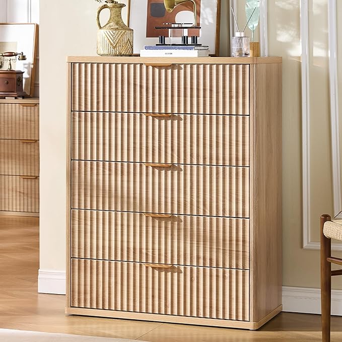 LEYAOYAO Fluted 5 Drawers Dresser Set of 2, 41" Tall Modern Chest of Drawers with Metal Handle, Curved Profile Dresser TV Stand, Wooden Drawer Organizer for Bedroom, Living Room, Hallway, Lightgrey