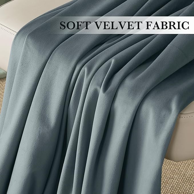 RYB HOME Dusty Blue Velvet Drapes for Baby Boy Bedroom, Thermal Insulated, Light Blocking, Floor-Length Back Tab Velvet Curtains for Modern Home Decor, 52" W x L84 L, 2 Panels Set