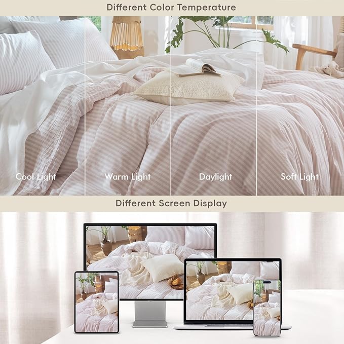 MooMee Striped Duvet Cover Set 100% Washed Cotton Linen Like Textured Breathable Durable Soft Comfy (Heathered Greyish Pink Classic Stripes, Twin 68"x90")