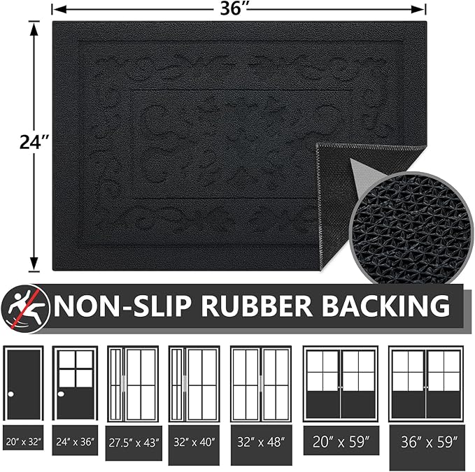 FONEYI Indoor Door Mat, Front Back Door Mat 24" x 36" Non-Slip Rubber Backing Door Rug, Machine Washable Entry Rug, Low Profile Absorbent Dirt Trapper Doormat Inside Floor Mats for Entryway, Black