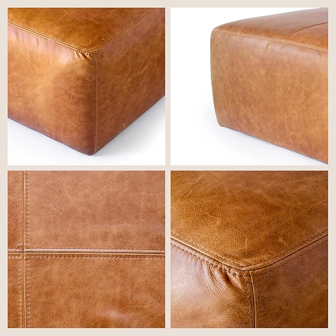POLY & BARK Sequoia Ottoman – 35” Square Pouf with Feather-Down Topper – Full-Grain Leather Upholstered Pouf Ottoman for Living Room – Vintage Italian Leather in Cognac Tan