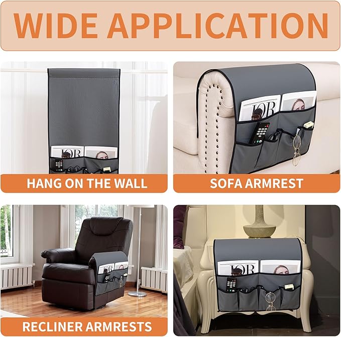 HAOMAIJIA Anti Slip Sofa Armrest Organizer Arm Chair Bedside Caddy Storage Organizer For Recliner Couch With 6 Pockets For Cell Phone Tv Remote Control (Dark Gray, 31.89 inches × 18.5 inches)
