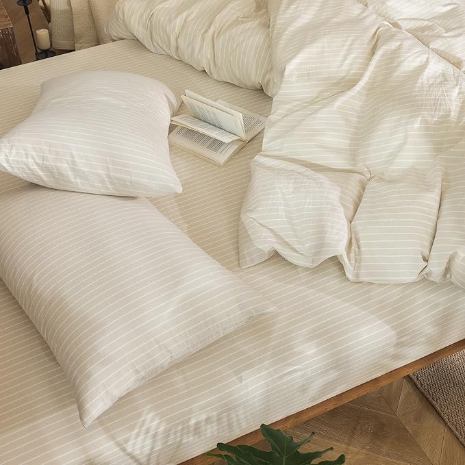 MooMee Striped Duvet Cover Set 100% Washed Cotton Linen Like Textured Breathable Durable Soft Comfy (Almond Milk Grey White Wide Stripes, Oversized Queen 98"x98")