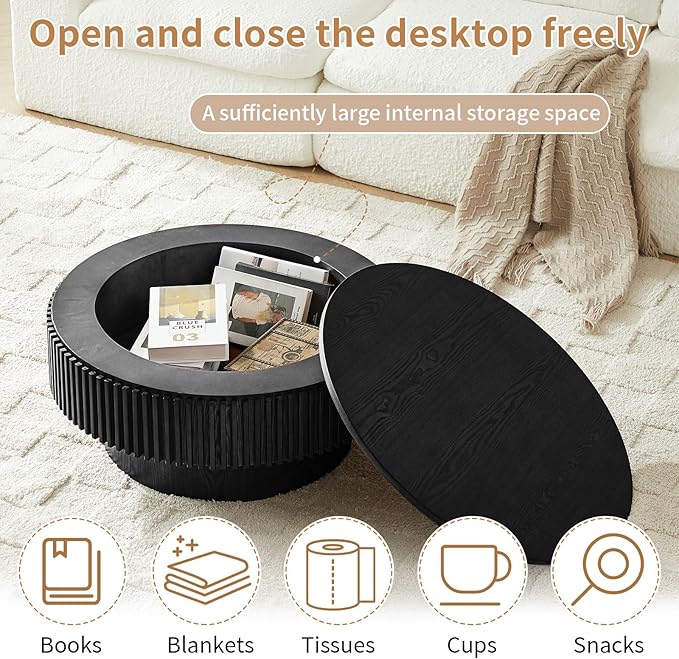 LKTART Round Coffee Table for Living Room, Accent Fluted Drum Coffee Table with Storage, Modern Solid Wood Veneered Circle Center Tea Table for Small Space Apartment (31.5''D×14''H-Black)