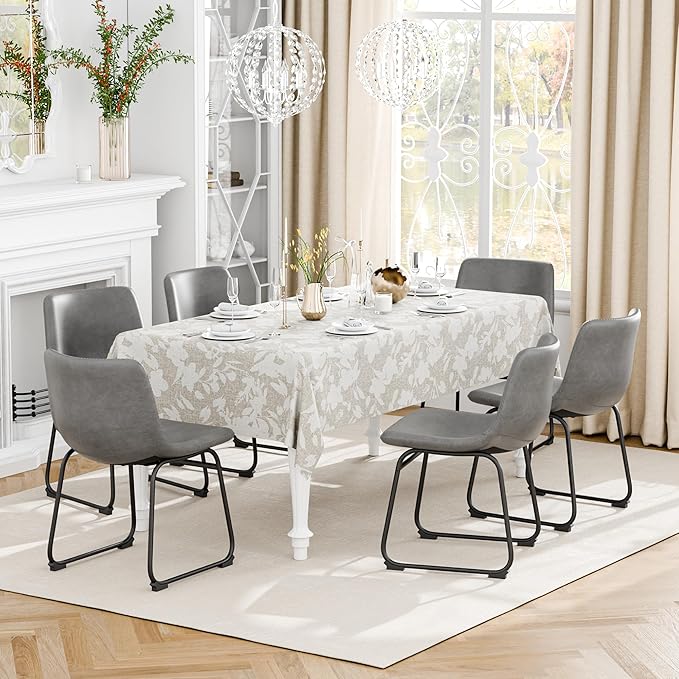 Dining Chairs Set of 6, 18 Inch Modern Armless Dining Chair with Back, Faux Leather Kitchen Dining Room Chair with Metal Legs for Home, Bistro Coffee Shops (Grey)