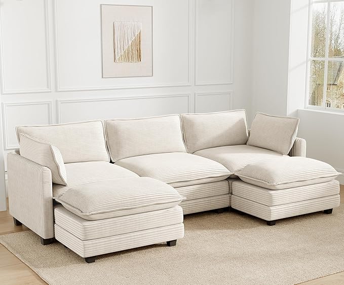 112'' Sectional Modular Cloud Couch, Oversized 5 Seat Couches U Shaped Sofa with 2 Movable Ottomans, 2 Throw Pillows, Upholstered Corduroy U Shape Comfy Deep Couches for Living Room and Office, Beige