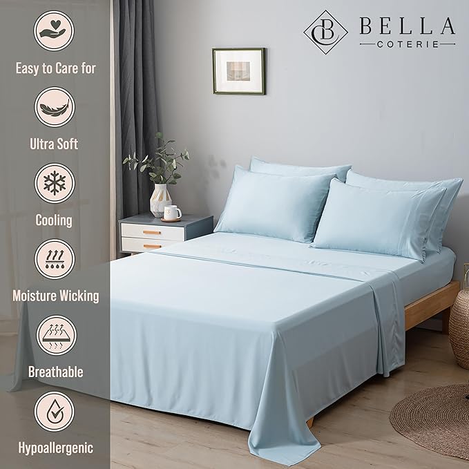 Bella Coterie 6 Piece Luxury Bamboo Viscose California King Size Sheet Set | 100% Organically Grown | Cooling for Hot Sleepers | 18" Deep Pocket | Soft & Hypoallergenic | 4 Pillowcases [Coastal Blue]