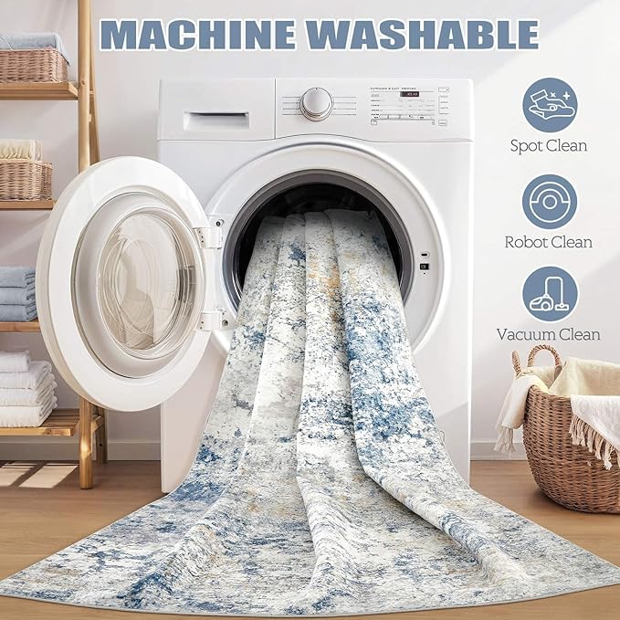 Area Rug Living Room Rugs - 6x9 Abstract Large Soft Indoor Washable Rug Neutral Modern Low Pile Carpet for Bedroom Dining Room Farmhouse Home Office - Blue