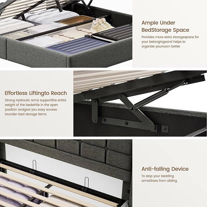 Lift Up King Size Bed Frame with Storage, Upholstered King Bed Frame with Charging Station and LED Lights Headboard, No Box Spring Needed, Easy Assembly - Dark Grey