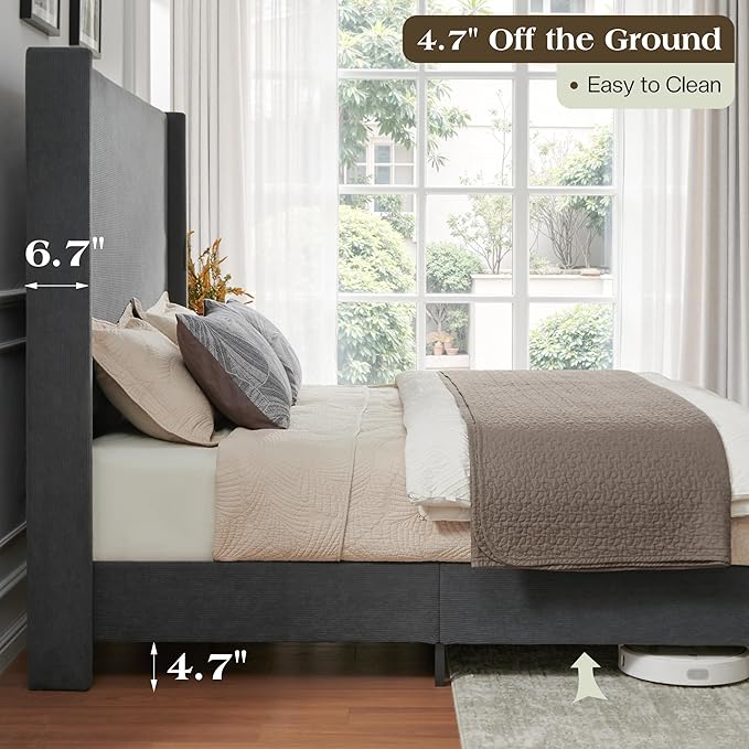 Queen Bed Frame with 63" Tall Headboard, Horizontal Fine Corduroy Bed Frame with Wingback, Upholstered Platform Bed, Vintage Solid Wood Gourd Legs, No Box Spring Needed, Black
