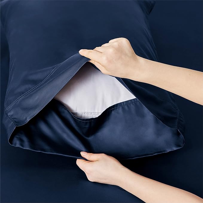 Bedsure Full Size Bed Sheets, Cooling Sheets, Rayon Derived from Bamboo, Breathable & Soft, Deep Pocket Up to 16 Inches, Hotel Luxury Silky Bedding for Hot Sleepers, Navy