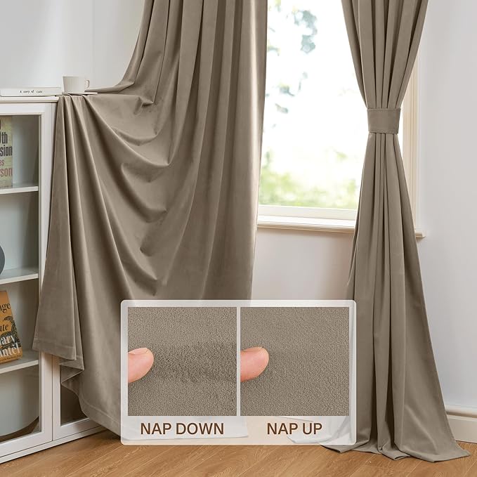 StangH Curtains 102 inches - Rod Pocket Camel Beige Velvet Room Darkening Window Curtains Thick Heavy Vertical Drapes for Elegant Home Decor, W52 x L102, 2 Panels