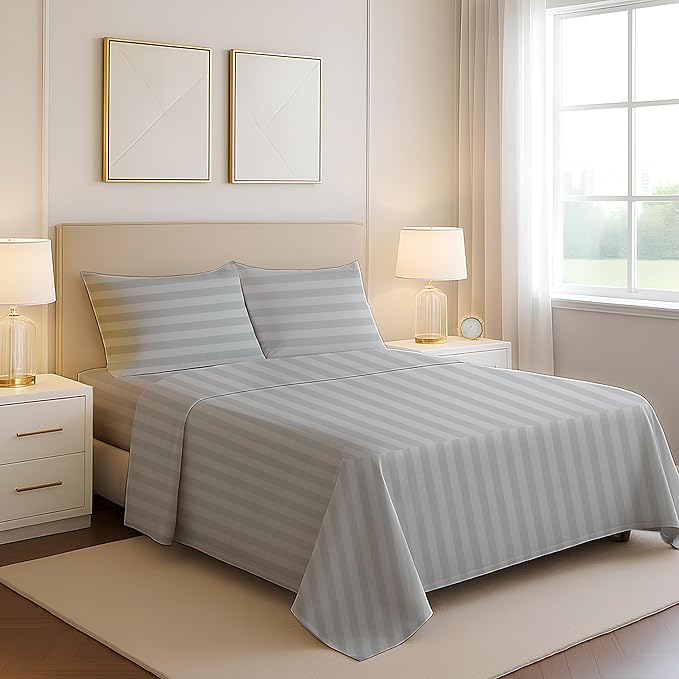 Mayfair Linen 100% Egyptian Cotton Sheets Queen Size - 1200 Thread Count 4 PC Damask Queen Sheet Set Egyptian Cotton, Sateen Luxury Sheet, High Thread Count Sheets, 17" Deep Pocket - Silver Stripe