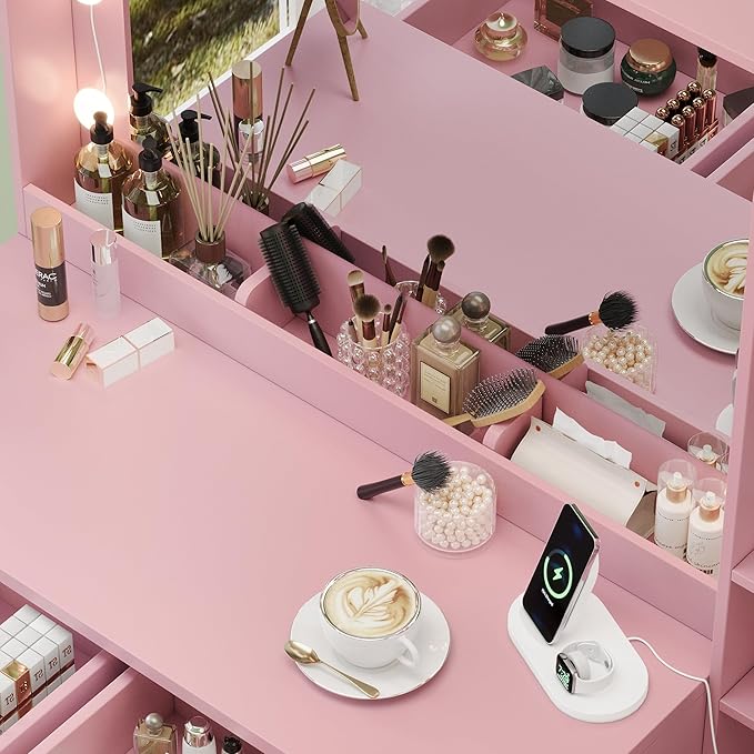 Makeup Vanity with Lights & Charging Station, Pink Vanity Table with 5 Drawers & Open Storage Shelves, Vanity Desk with Mirror & Lights, Dressing Table Set, Bedroom Makeup Table Set Gold Handle