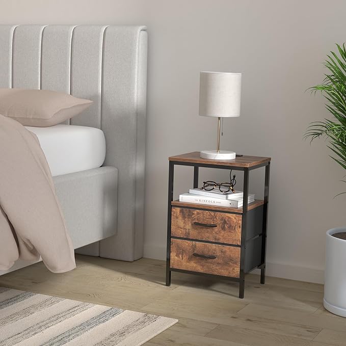 Huuger Nightstands Set of 2, End Tables with Charging Station, Fabric Drawers, Bedside Tables with USB Ports and Outlets, Night Stands for Bedroom, Rustic Brown