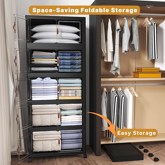 Extra Large Stackable Storage Bins with Lids&Wheels,625QT-125QT/32GAL*5Pack Collapsible Container Closet Organizers,Plastic Stackable Storage drawers for bedroom Dorm