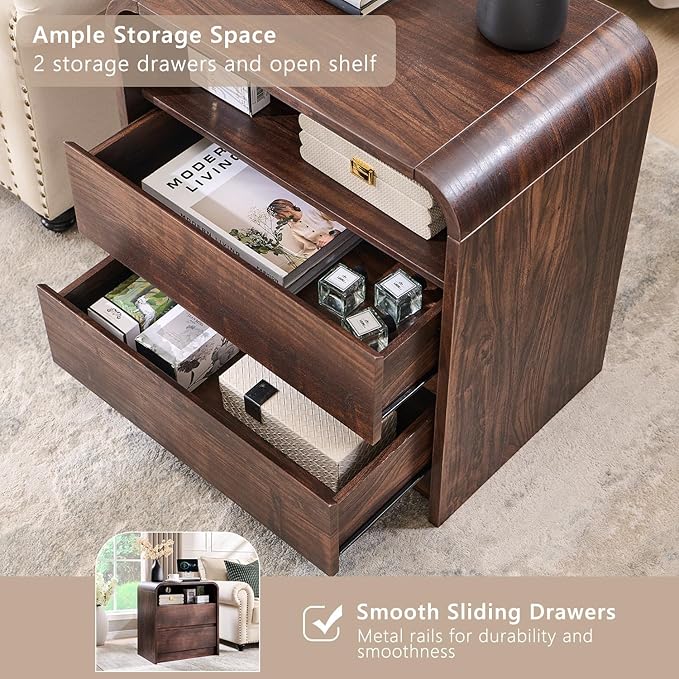 25" Tall Modern Nightstand with Charging Station, 23.6'' Wide Wood Bedside Table w/2 Storage Drawers, Large Mid Century End Table for Bedroom, Living Room, Curved Profile Design, Brown