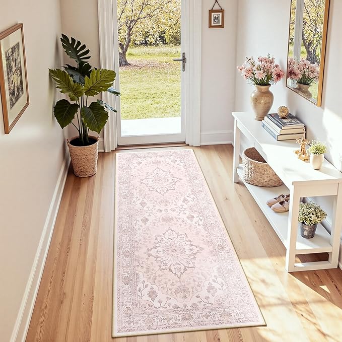 Area Rugs 2'x6' Washable Non-Slip, Floral Vintage Distress Print Pattern Medallion Carpet for Living Room Bedroom Dining Room, Pink Greypink Cute