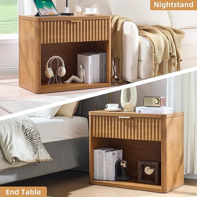 LEYAOYAO 31" Wide Fluted Nightstand Set of 2 with Charging Station, Oversized Extra Large 1 Drawer Night Stand with Golden Handle, Brown Wood Bedside Table Tall End Tables,for Bedroom, Living Room