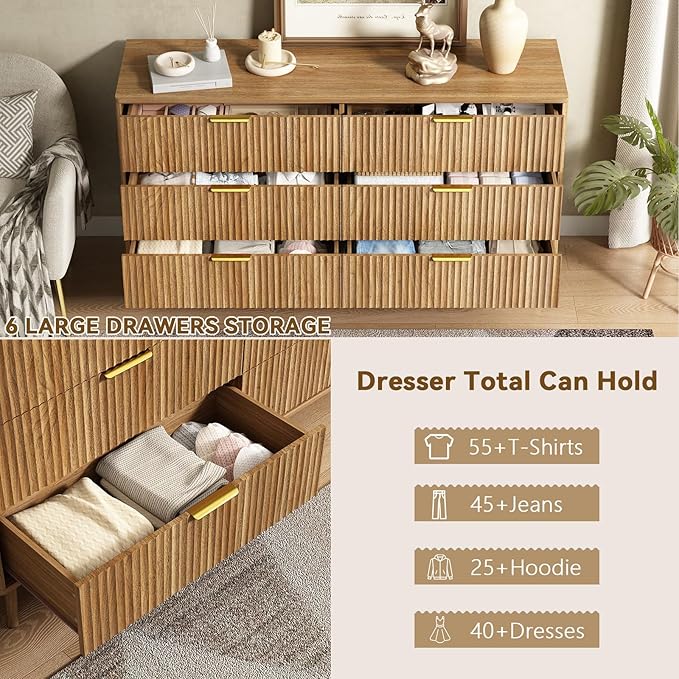 CARPETNAL Fluted 6 Drawer Dresser for Bedroom, 55" Wide Wooden Chest of Drawers with Rounded Corners, Gold Handles, Modern Storage Organizer for Bedroom, Hallway(Walnut)