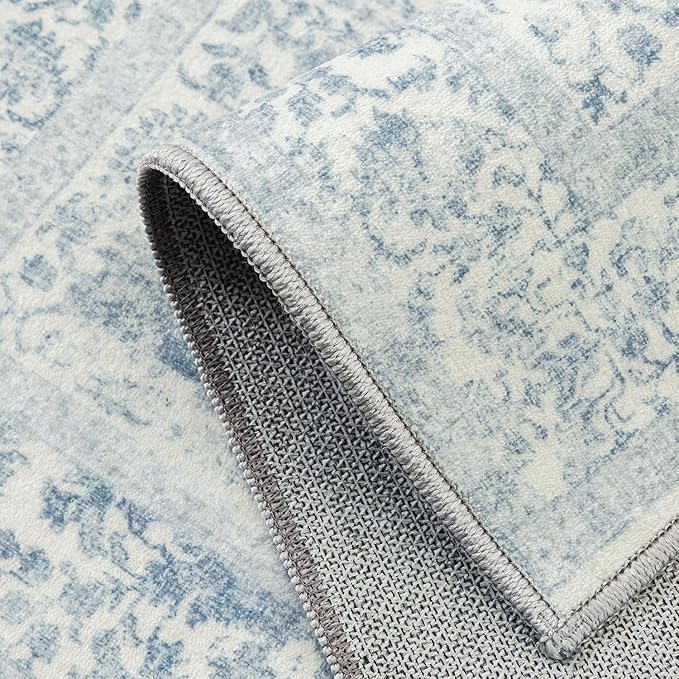 Blue Area Rug 4x5 Office Entryway Rug Machine Washable Kitchen Vintage Distressed Non Slip Carpet Indoor Retro Floral Accent Throw Door Mat for Bathroom Bedroom Dining Living Room