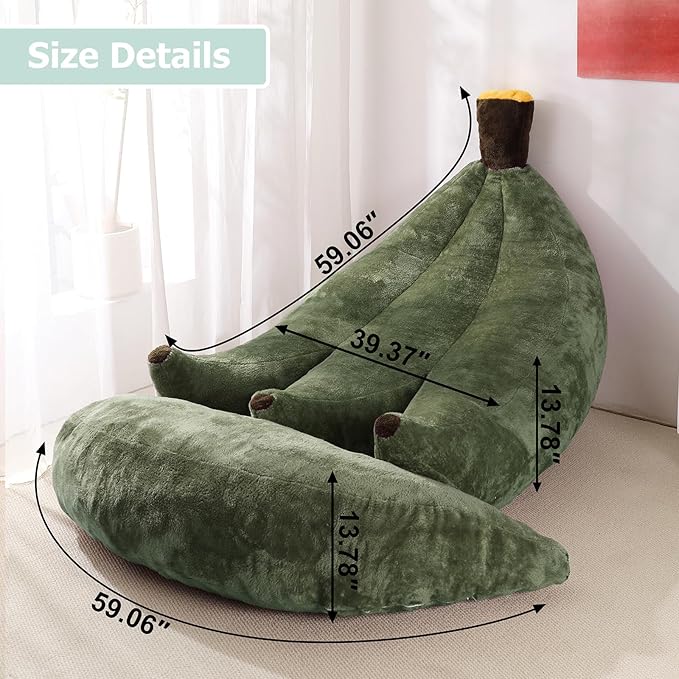 Banana Bean Bag Chair with Ottoman, Floor Sofa Bed with Footrest, Comfy Convertible Lounger for Adults, Plush Couch for Bedroom, Living Room or Dorm, L-DarkGreen