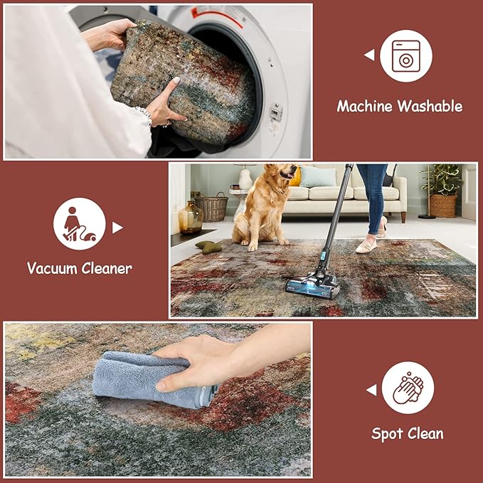 Lahome Modern Abstract Round Rug - 3Ft Small Red Washable Kitchen Round Area Rug Bedroom Circle Mat, Soft Low Pile Non Slip Indoor Throw Carpet for Cabinet Bathroom Living Room Office