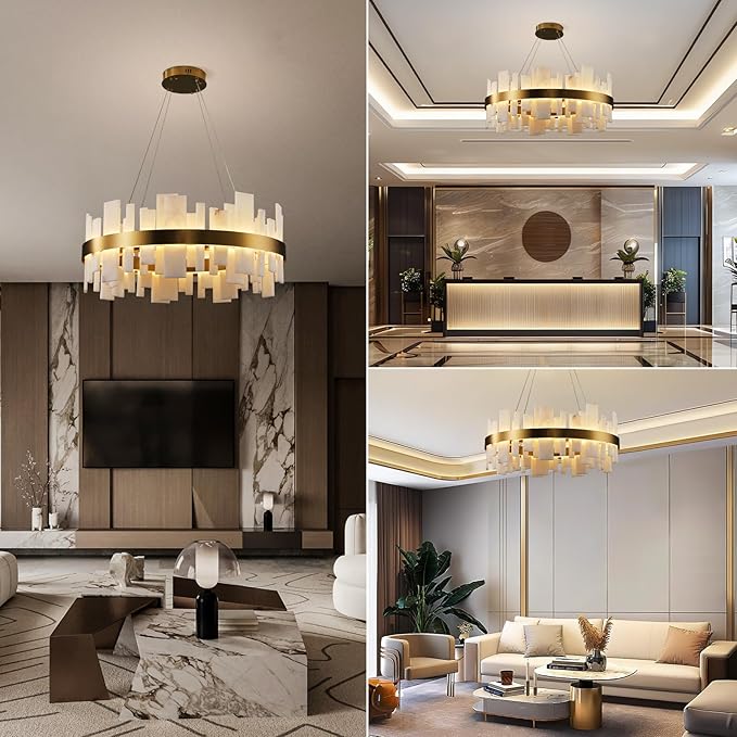 Alabaster Round Chandelier, Natural Spanish Stone Texture Chandeliers, 31.5" Adjustable Alabaster Chandelier Over Table for Living Room, Bedroom, Hallway – Modern Luxury Ceiling Lighting