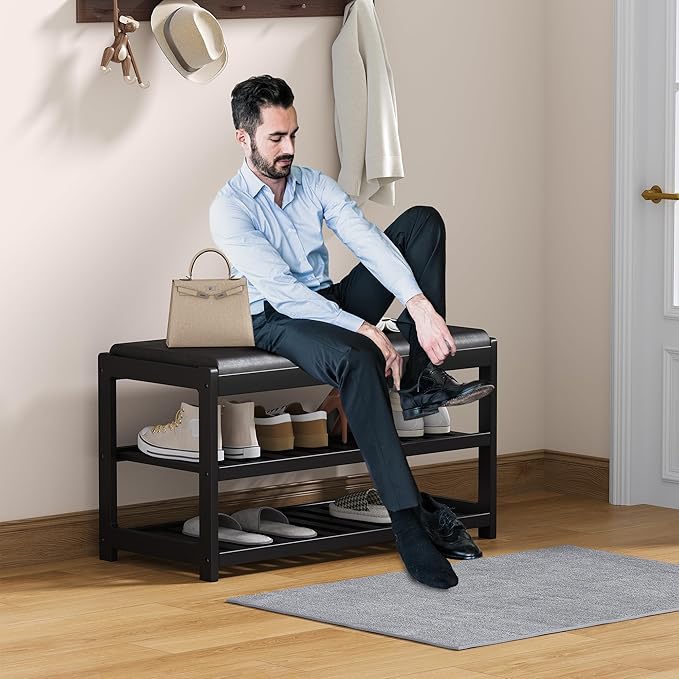Shoe Bench Entryway, 100% Solid Solid Wood Shoe Rack Bench with Storage and Cushion Padded Seat, 3-Tier Shoe Organizer for Hallway Living Room, Mudrooms, Black