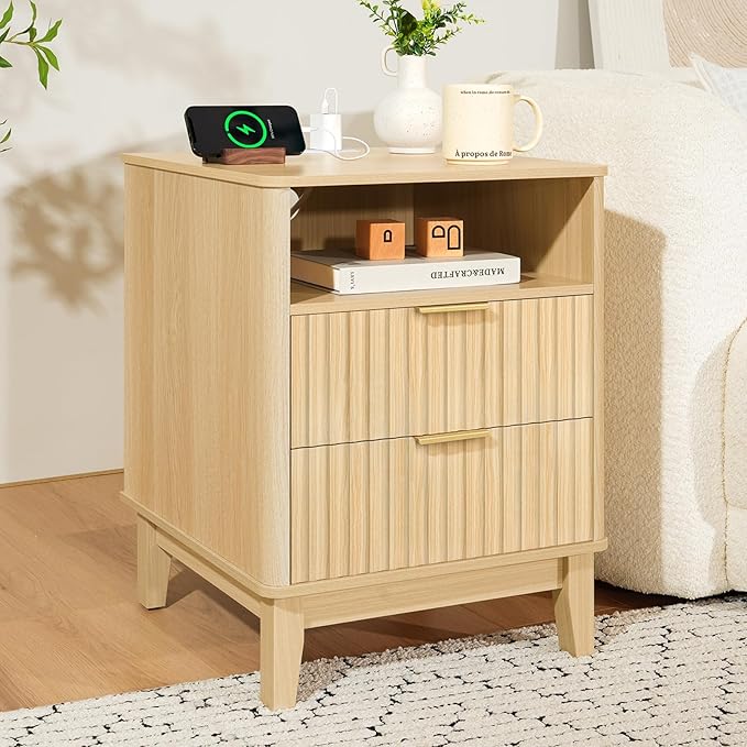 Night Stand with Charger Station, Fluted Nightstand with Drawers and Storage Shelf, Mid Century Modern Bedside Table Nightstands, Large Bed Side Table Wood Night Stands for Bedroom Living room