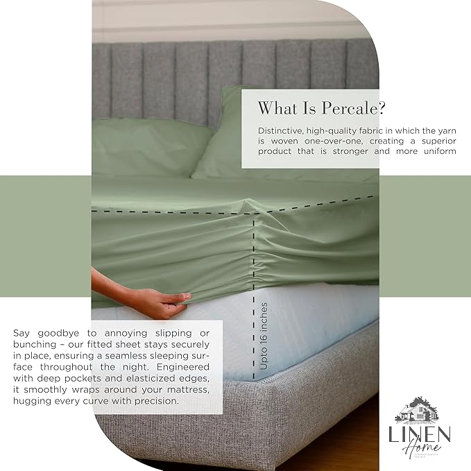 Linen Home 100% Cotton Percale Sheets Queen Size, Oil Green, Deep Pocket, 4 Pieces Set - 1 Flat, 1 Deep Pocket Fitted Sheet and 2 Pillowcases, Crisp Cool and Strong Bed Linen