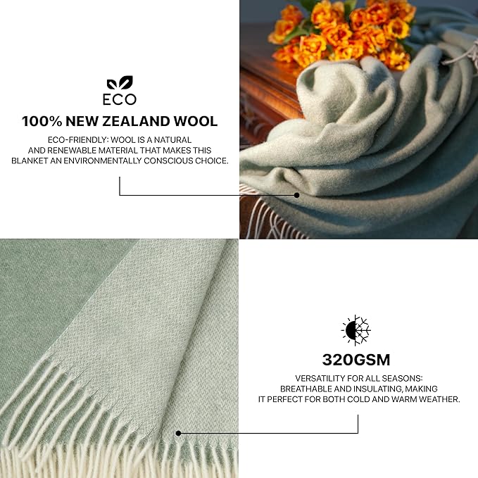 | Wool Blanket/Throw | 100% New Zealand Wool | Perfect for Home and Outdoors | Virgin Wool Throw with Fringes 55"x79"(140 x 200 cm)