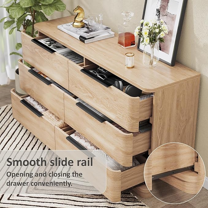 6 Drawer Dresser for Bedroom, 54" Wide Modern Chest of Drawers with Metal Handle, Curved Profile Design, Wooden Oak Dresser Closet Clothes Storage TV Stand for Living Room, Hallway