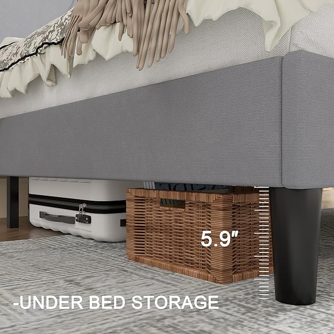 VECELO Full Bed Frame with Upholstered Wingback Headboard, Heavy-Duty Platform Bedframe with Charging Station, Wooden Slats, No Box Spring Needed, Light Grey