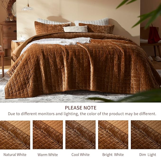 LEAONME Velvet Quilt California King-118''x106'', Lightweight Caramel Velvet Comforter Set with 2 Pillow Shams, Soft Oversized Bedspread Coverlet Quilted Bedding Set for All Season
