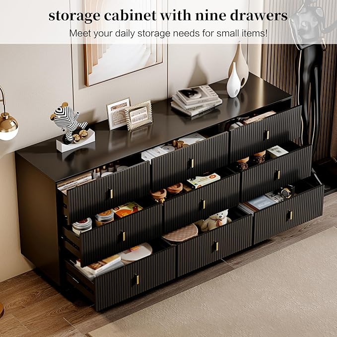 Modern Chest of Drawers with 9 Drawers,Deep Drawers,Clothes Organizer,Large Storage Cabinet for Living Room, Bedroom,Hallway,with Anti-Tipping Device,Dark