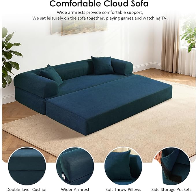 80" Convertible Sofa Bed, Corduroy Deep Seat Folding Pull Out Couch with Pillows, No Assembly Modern Boneless Couch Compression Sofa in Box, Floor Sofa with Storage Pocket for Living Room,Dark Blue