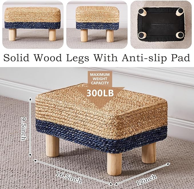 Wimarsbon Natural Seagrass Footstool Ottoman Rectangular Footrest Pouf Ottomans with Wooden Legs Hand Weave Step Stool for Living Room Bedroom Entryway Blue