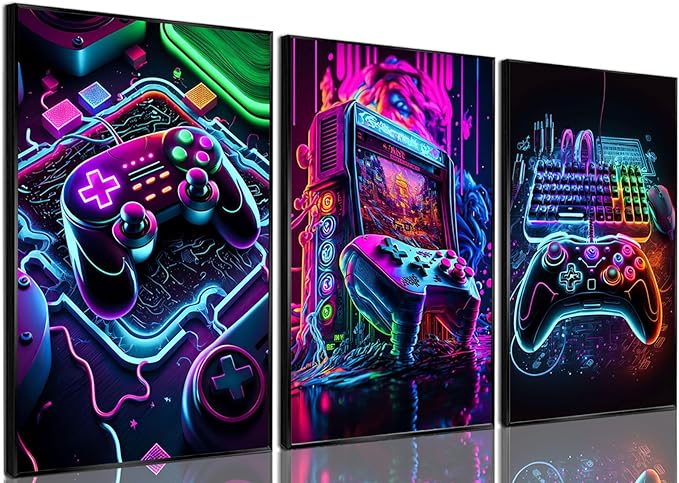 Game Room Decor Posters Set of 3 - Neon Gaming Accessories Theme Canvas Wall Art, Gamer Console Paintings Picture Wall Decor for Children Youth Boys Bedroom 16x24 inch Unframed