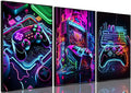 Game Room Decor Posters Set of 3 - Neon Gaming Accessories Theme Canvas Wall Art, Gamer Console Paintings Picture Wall Decor for Children Youth Boys Bedroom 16x24 inch Unframed
