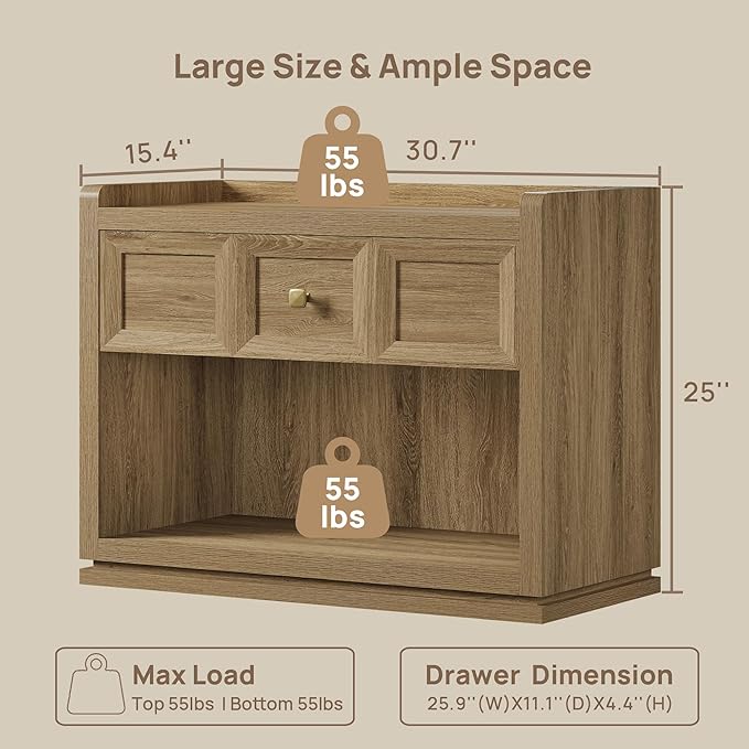 SICOTAS 31" Wide Nightstands Set of 2, Large Night Stands with Drawer, Oversized King Size Nightstand Bedside Table for Bedroom, Farmhouse End Side Table Set of 2 (Brown Oak, 31-Inch)