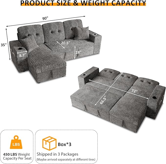 4 in 1 Sleeper Sofa Bed, 90 Inch Pull Out Couch Bed with Adjustable Backrest | Reversible Storage Chaise | Wide Armrest | Tool Free Assembly, Sectional Couches for Living Room, Grey Chenille