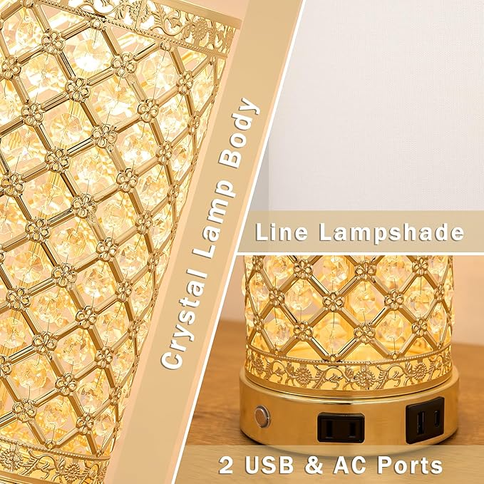 Crystal Table Lamp Set of 2-24in Gold Bedroom Lamps 3-Way Dimmable Touch Lamp with Night Light, 2 USB Ports + AC Outlet Bedside Night Stand Lamp for Living Room (Gold-2 Pack 24In)