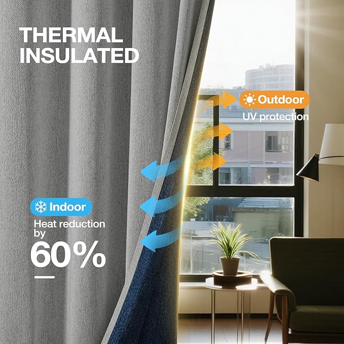 100% Blackout Curtains 102 inch Length 2 Panels for Living Room, Linen-Look Textured Room Darkening Thermal Insulated Noise Reduction Farmhouse Drapes for Bedroom (W52xL102, Grey)
