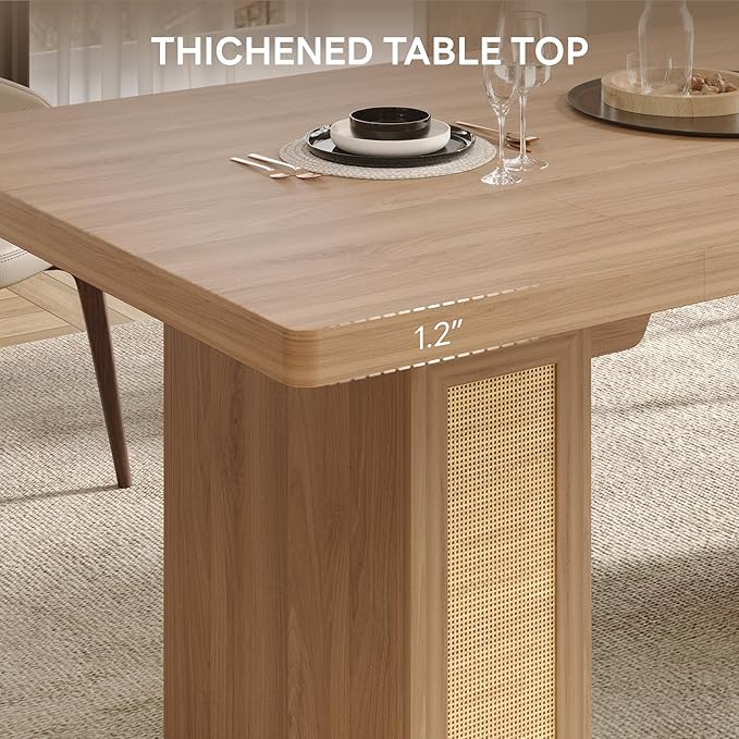 LIKIMIO 78.7" Farmhouse Dining Table for 6-8 People, Extra Thick Wood Top with 2 Hidden Adjustable Storage Drawers, Modern Woven Rattan Table for Dining Room, Kitchen, Living Room, Rustic White