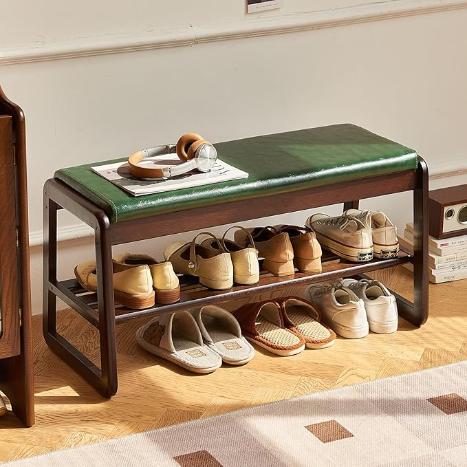 Solid Wood Shoe Bench, 2-Tier Wooden Storage Entryway Bench, Mid-Century Modern Shoe Bench Rack, End of Bed Bench with Faux Leather Cushion, Ottoman Bench for Hallway, Living Room (Walnut, 39.7'')