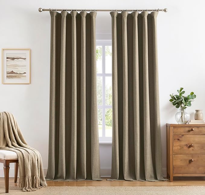 Vision Home Brown Linen Full Blackout Curtains 95 inch Long for Bedroom Living Room Darkening Light Blocking Window Panels Thermal Insulated Rod Pocket Back Tab Neutral Drapes 56" Wx95 Lx2