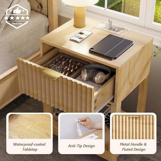 Night Stand Set 2, Fluted Nightstand with Charging Station, Wood Bedside Table with Drawer & Storage Shelf, Modern End Tables for Bedroom Sofa Couch Office, Natural Oak