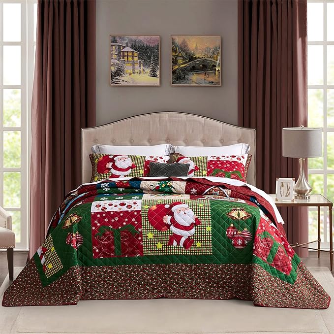 CHIXIN Christmas Oversized Bedspread King Size, Santa Claus Pattern Bedding Quilt, Rustic Lodge Plaid Patchwork Coverlet Set, Lightweight & Soft Microfiber, 3 Piece, King/Cal King